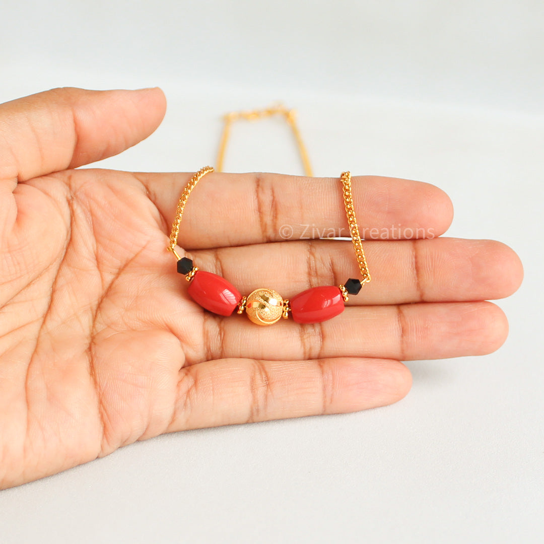 Coral Colour Beads Gold Plated Mangalsutra