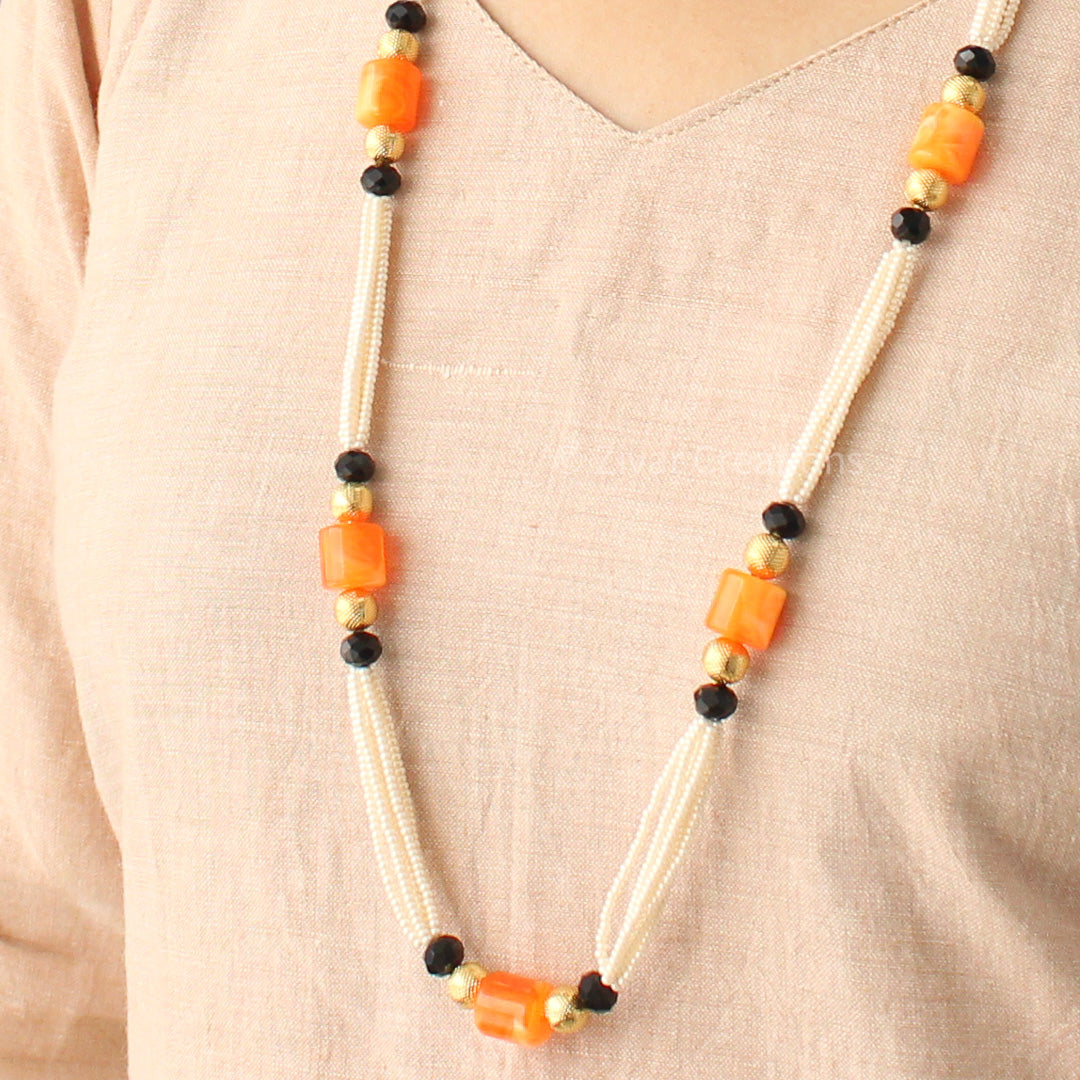 Boho Style Orange Beads Long Necklace Zivar Creations