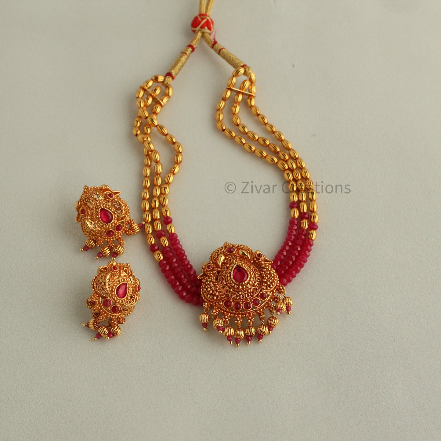 Peacock Shape Ruby Color Beads Necklace