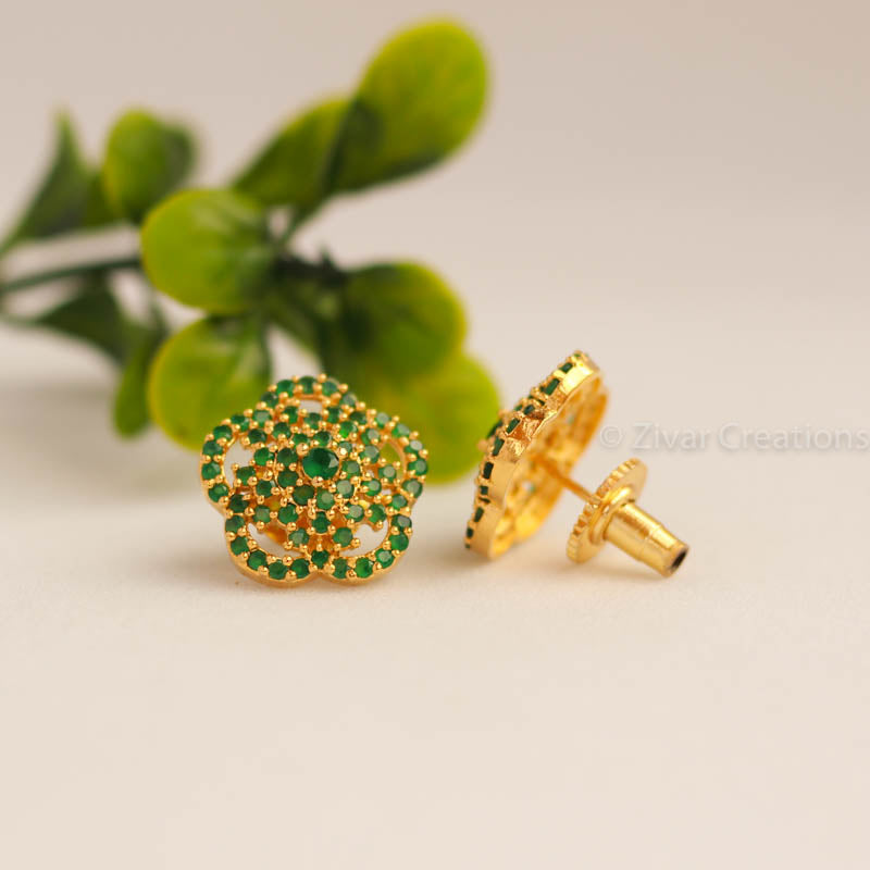 Gold stud earrings with deals green stone